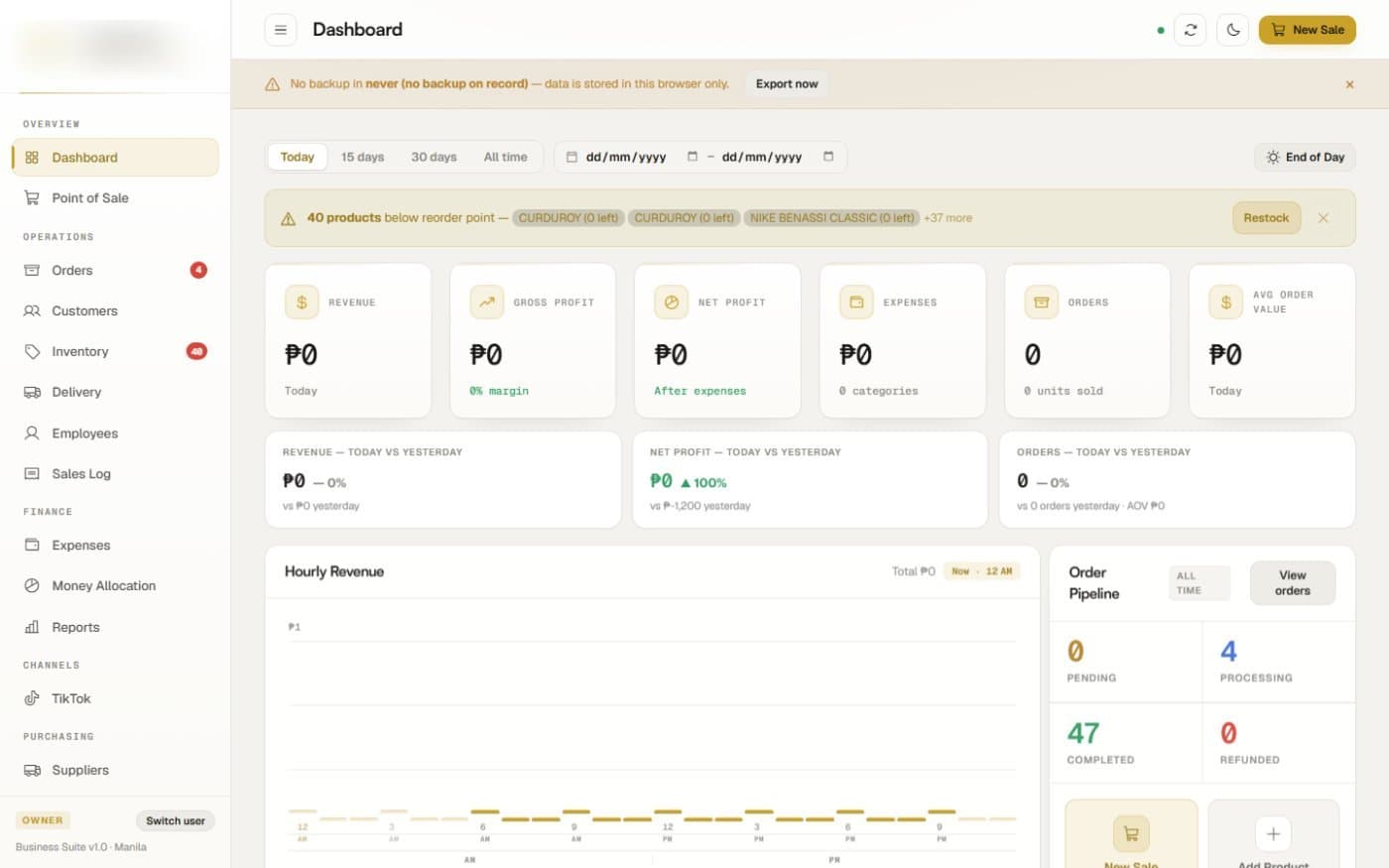 Owner dashboard of a streetwear retailer's business suite